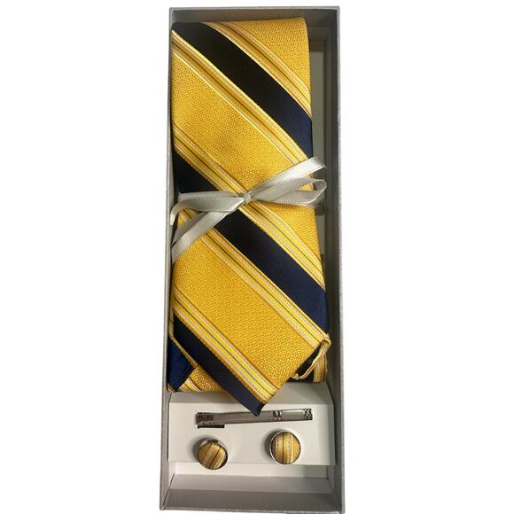 DiBanGu Gold Navy Blue Striped Tie Set with Cufflinks & Pocket Square Gift Box - Picture 8 of 8